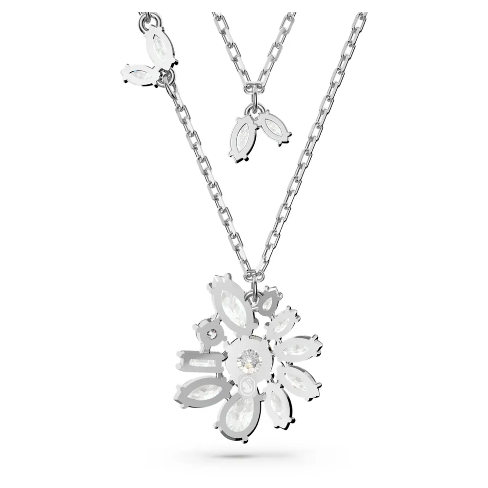 Gema layered necklace, Mixed cuts, Flower, White, Rhodium plated by SWAROVSKI