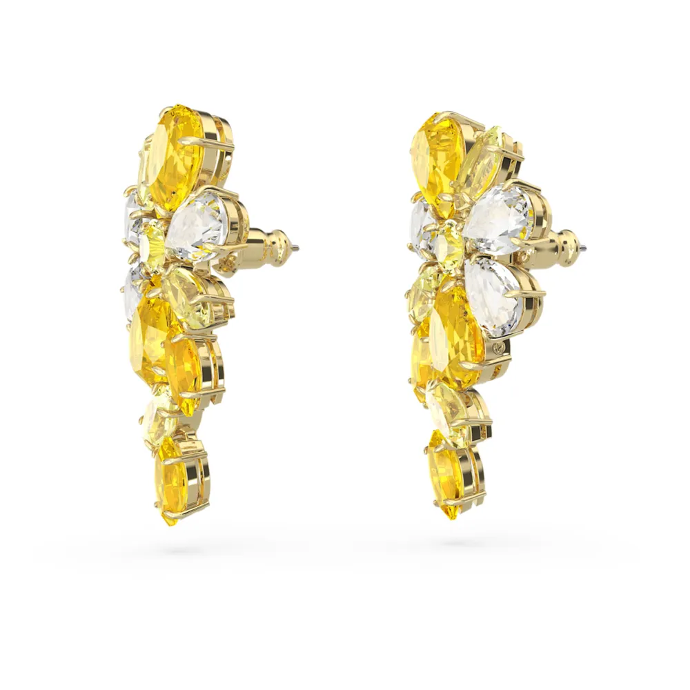 Gema drop earrings, Mixed cuts, Flower, Yellow, Gold-tone plated by SWAROVSKI
