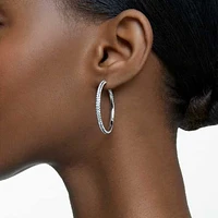 Stone hoop earrings, Pavé, Large, White, Rhodium plated by SWAROVSKI