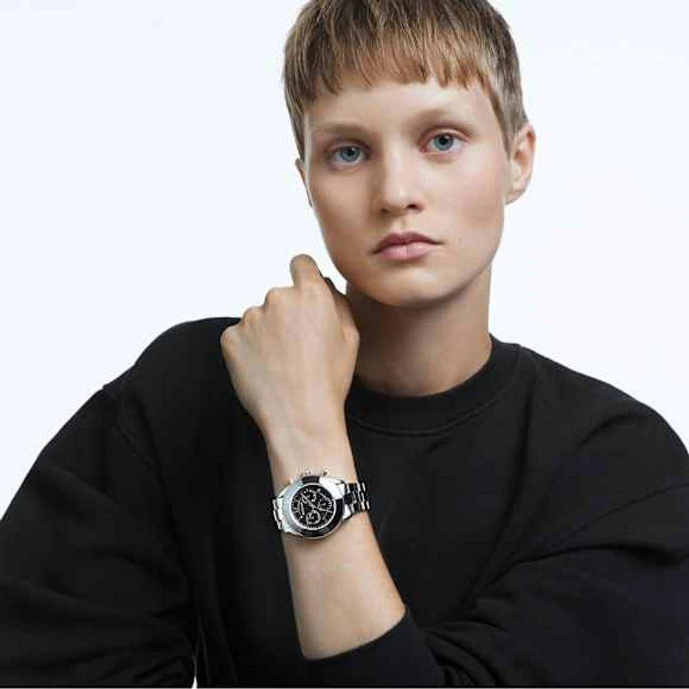 Octea lux sport watch, Swiss Made, Metal bracelet, Black, Stainless steel by SWAROVSKI