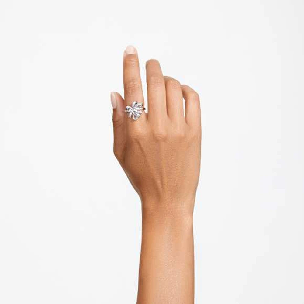 Volta cocktail ring, Bow, White, Rhodium plated by SWAROVSKI