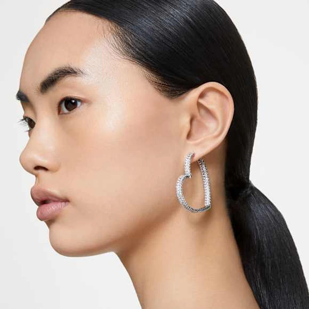Matrix hoop earrings, Heart, Large, White, Rhodium plated by SWAROVSKI