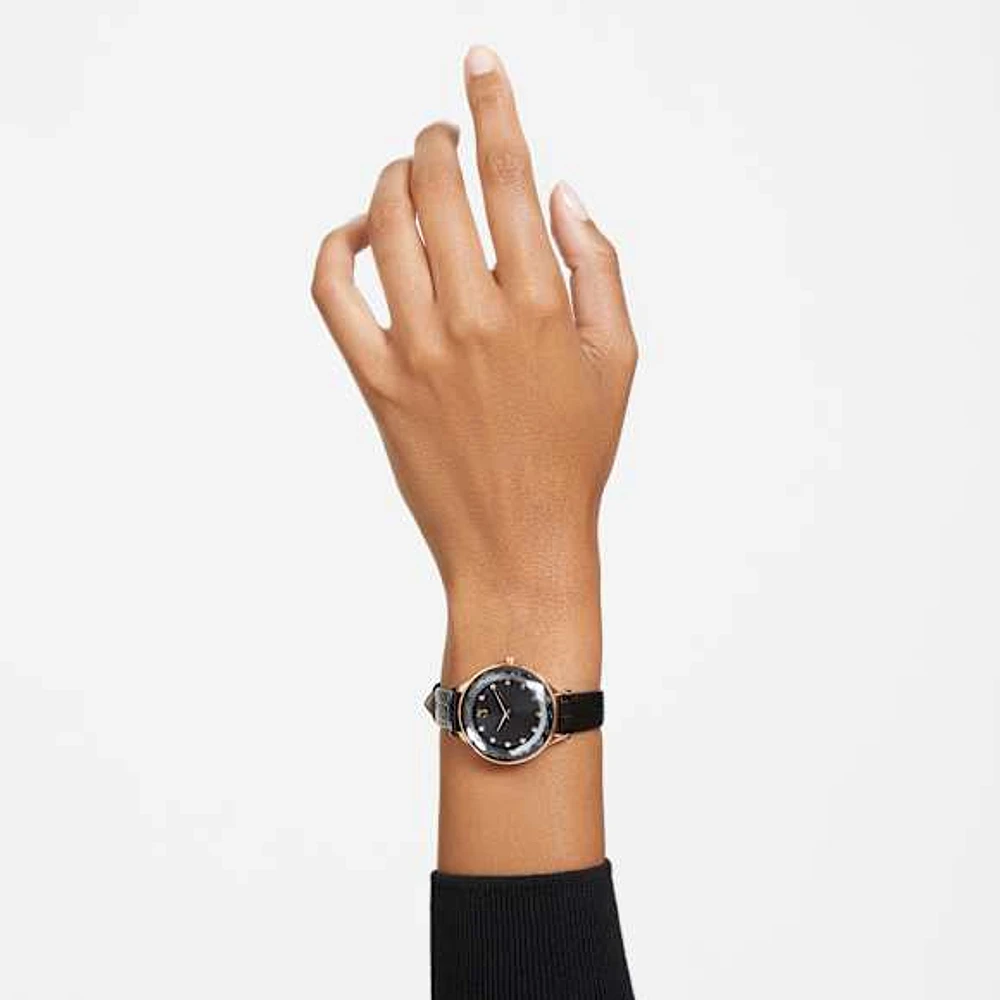 Nova watch, Swiss Made, Leather strap, Black, Rose gold-tone finish by SWAROVSKI