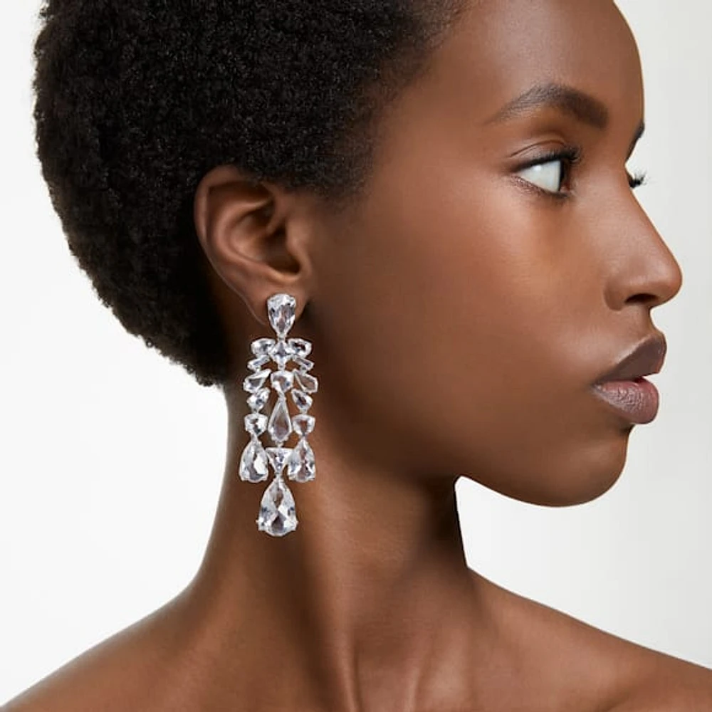 Mesmera clip earrings, Mixed cuts, Chandelier, White, Rhodium plated by SWAROVSKI
