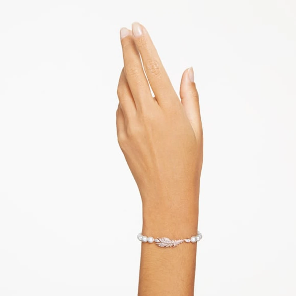 Nice bracelet, Crystal pearl, Feather, White, Rose gold-tone plated by SWAROVSKI