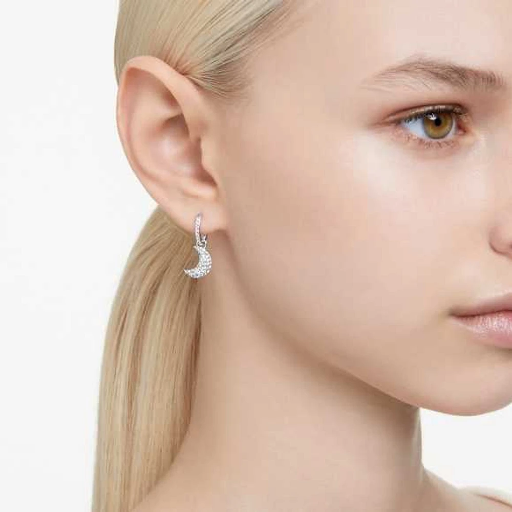 Luna drop earrings, Moon, White, Rhodium plated by SWAROVSKI