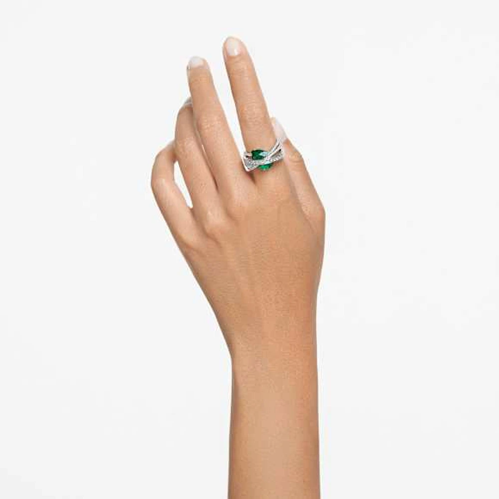 Hyperbola cocktail ring, Mixed cuts, Four bands, Green, Rhodium plated by SWAROVSKI
