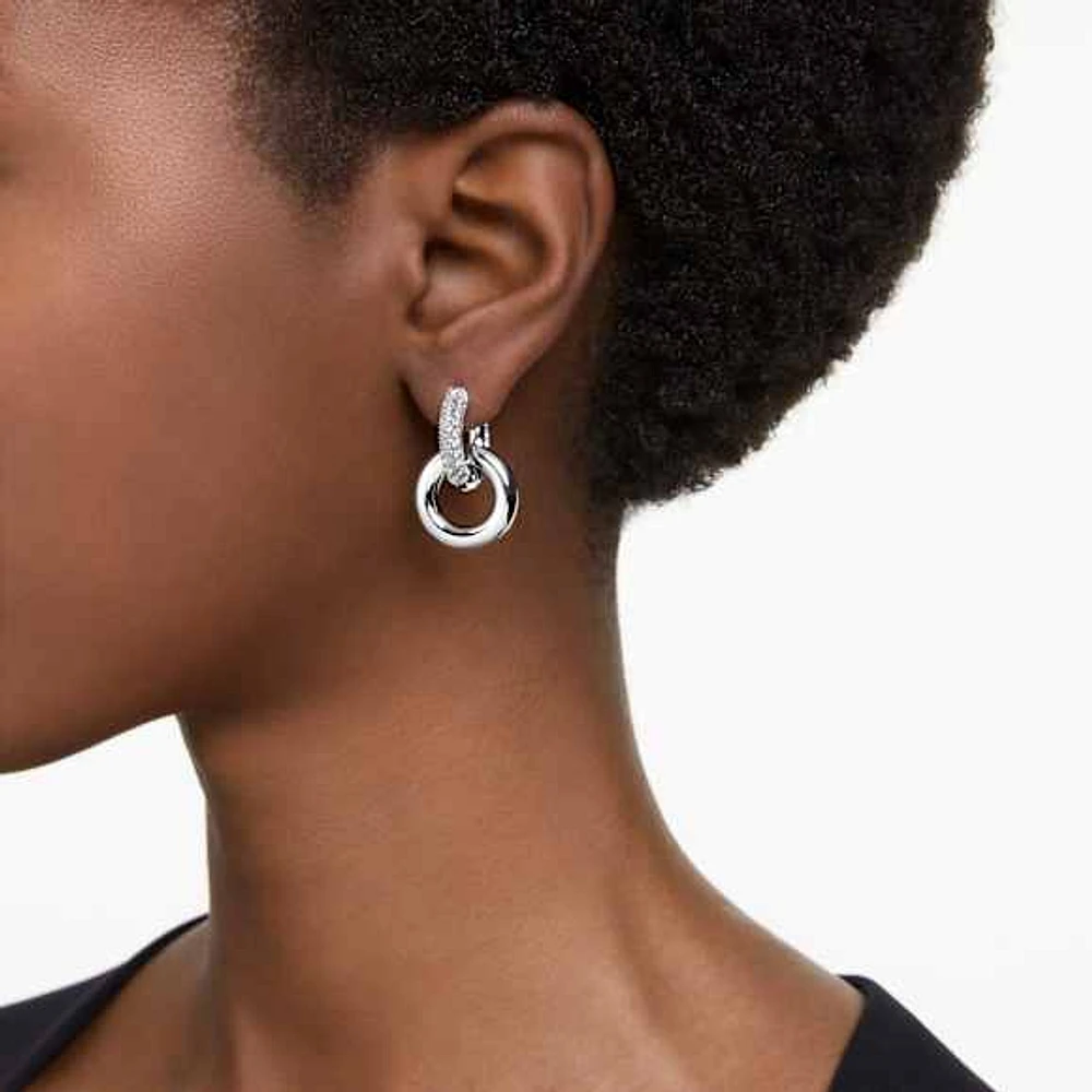 Dextera hoop earrings, Asymmetrical design, Interlocking loop, White, Rhodium plated by SWAROVSKI