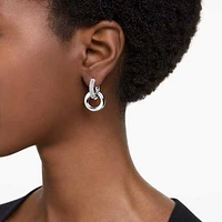 Dextera hoop earrings, Asymmetrical design, Interlocking loop, White, Rhodium plated by SWAROVSKI