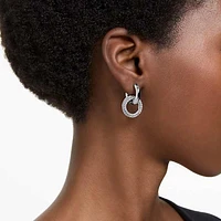 Dextera hoop earrings, Asymmetrical design, Interlocking loop, White, Rhodium plated by SWAROVSKI