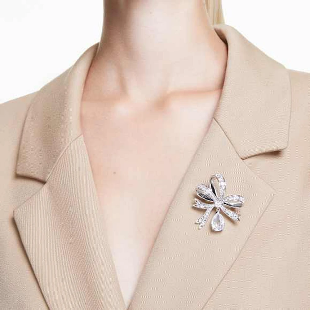 Hyperbola brooch, Bow, White, Rhodium plated by SWAROVSKI