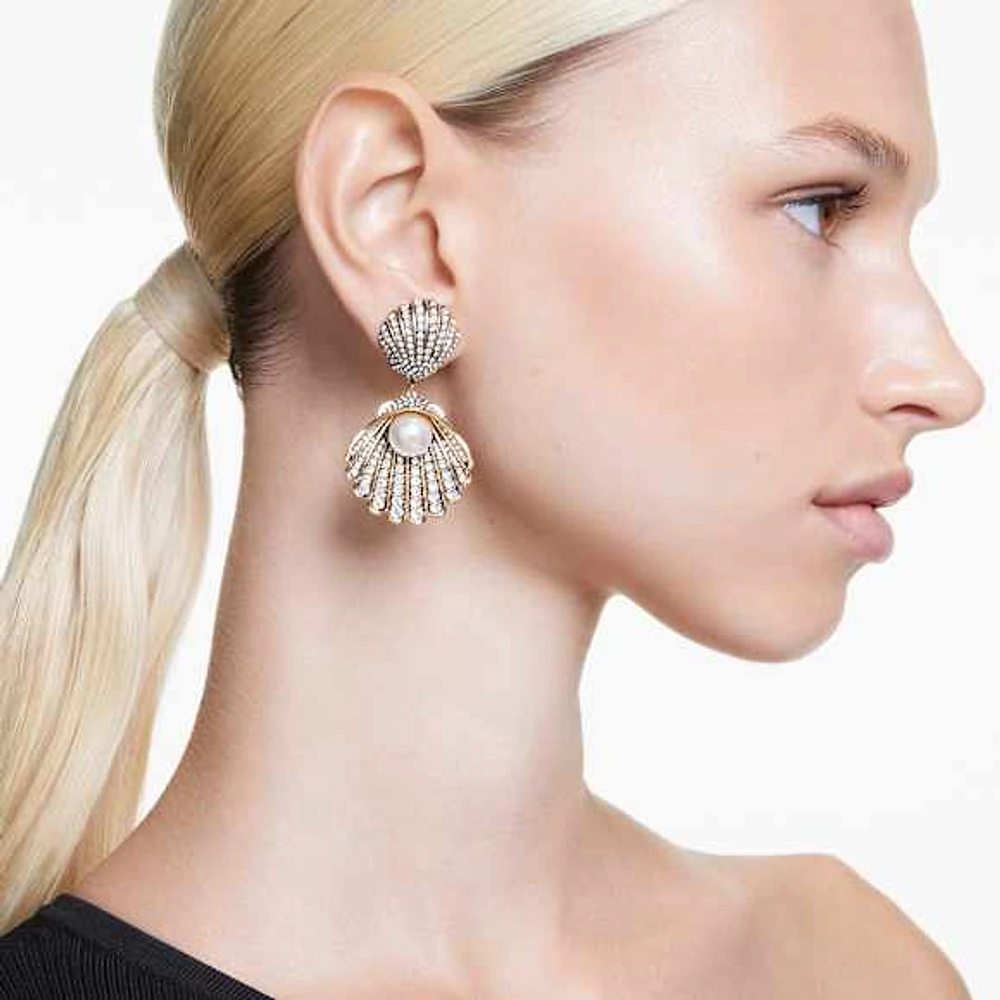 Idyllia clip earrings, Crystal pearl, Shell, White, Gold-tone plated by SWAROVSKI