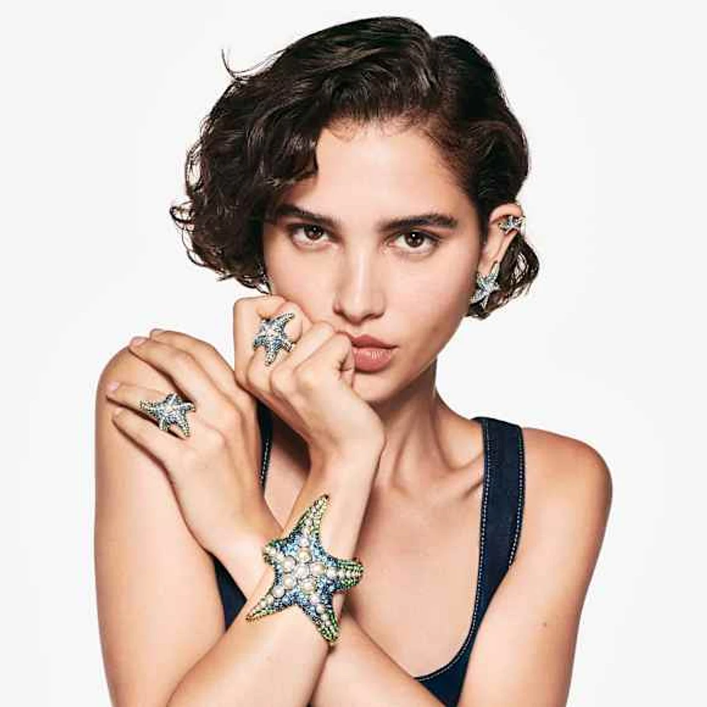 Idyllia stud earrings, Crystal pearl, Starfish, Larges, Multicoloured, Gold-tone plated by SWAROVSKI