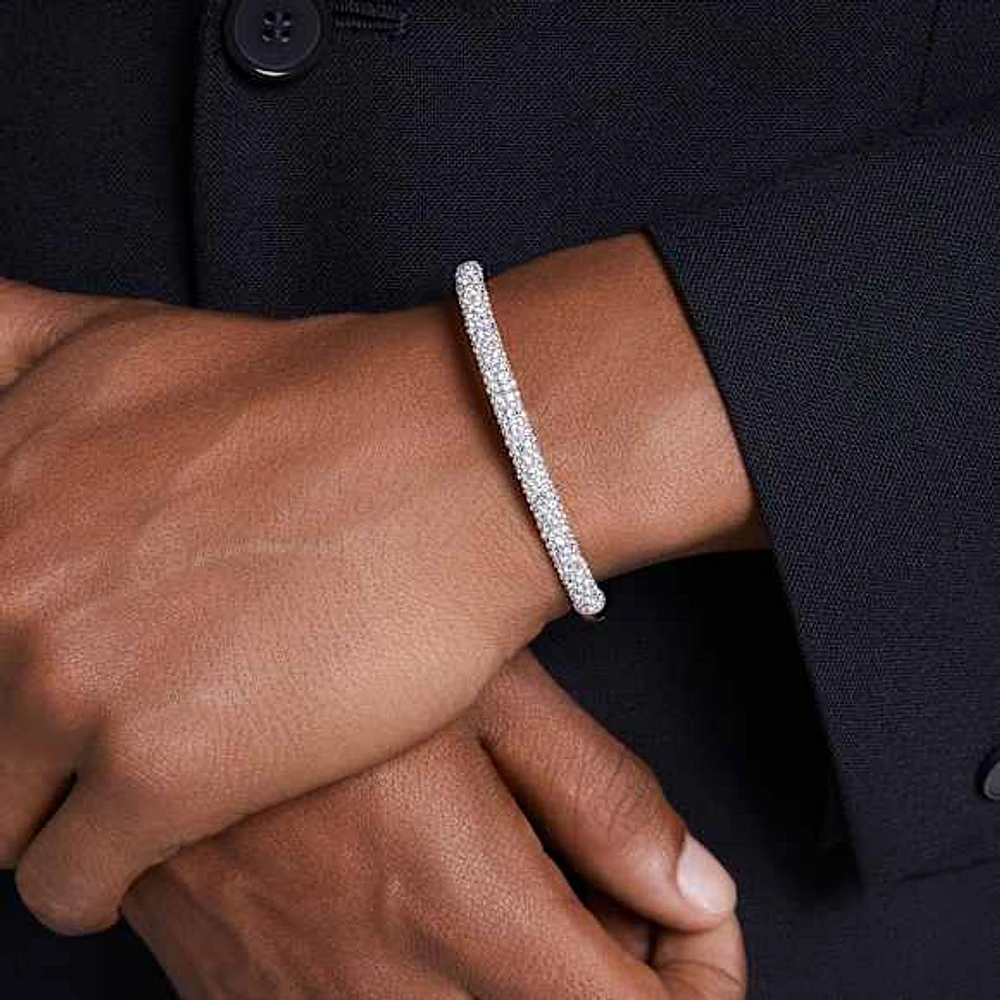 Meteora bangle, Snow pavé, White, Rhodium plated by SWAROVSKI