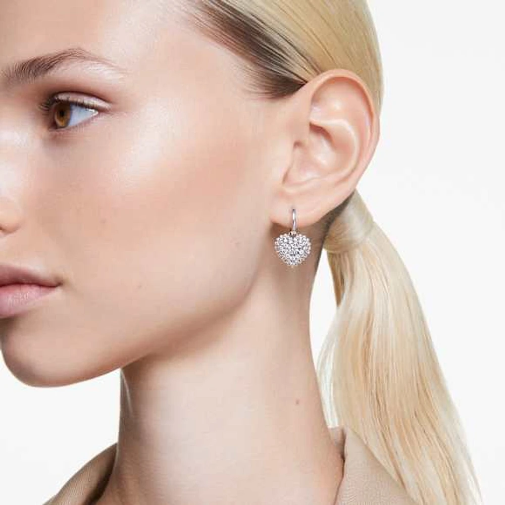 Idyllia drop earrings, Crystal pearl, Heart, White, Rhodium plated by SWAROVSKI