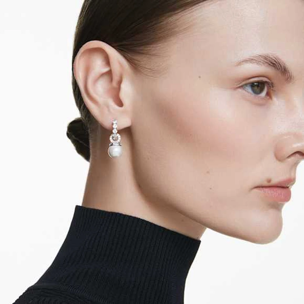 Matrix drop earrings, Crystal pearl, Round cut, White, Rhodium plated by SWAROVSKI