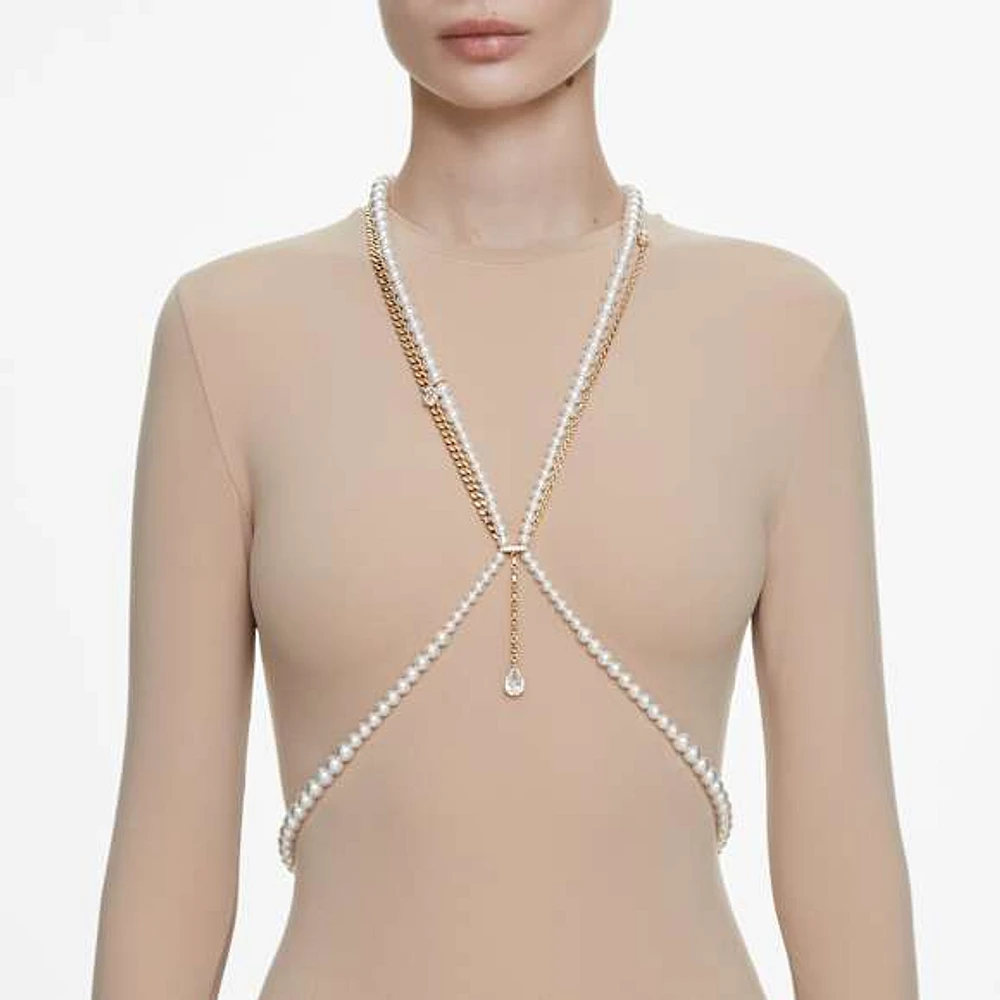 Idyllia body chain, Crystal pearls, White, Gold-tone plated by SWAROVSKI