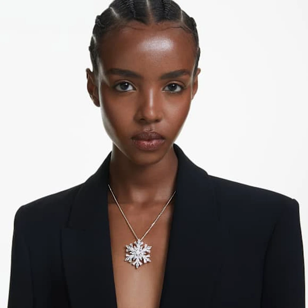 Idyllia pendant and brooch, Mixed cuts, Snowflake, White, Rhodium plated by SWAROVSKI