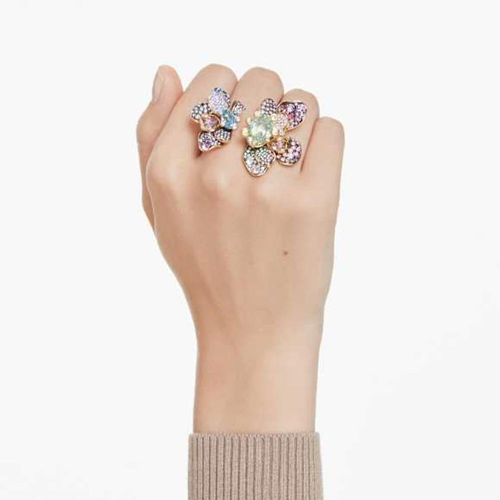 Idyllia ring, Mixed cuts, Pavé, Flower, Multicoloured, Gold-tone plated by SWAROVSKI