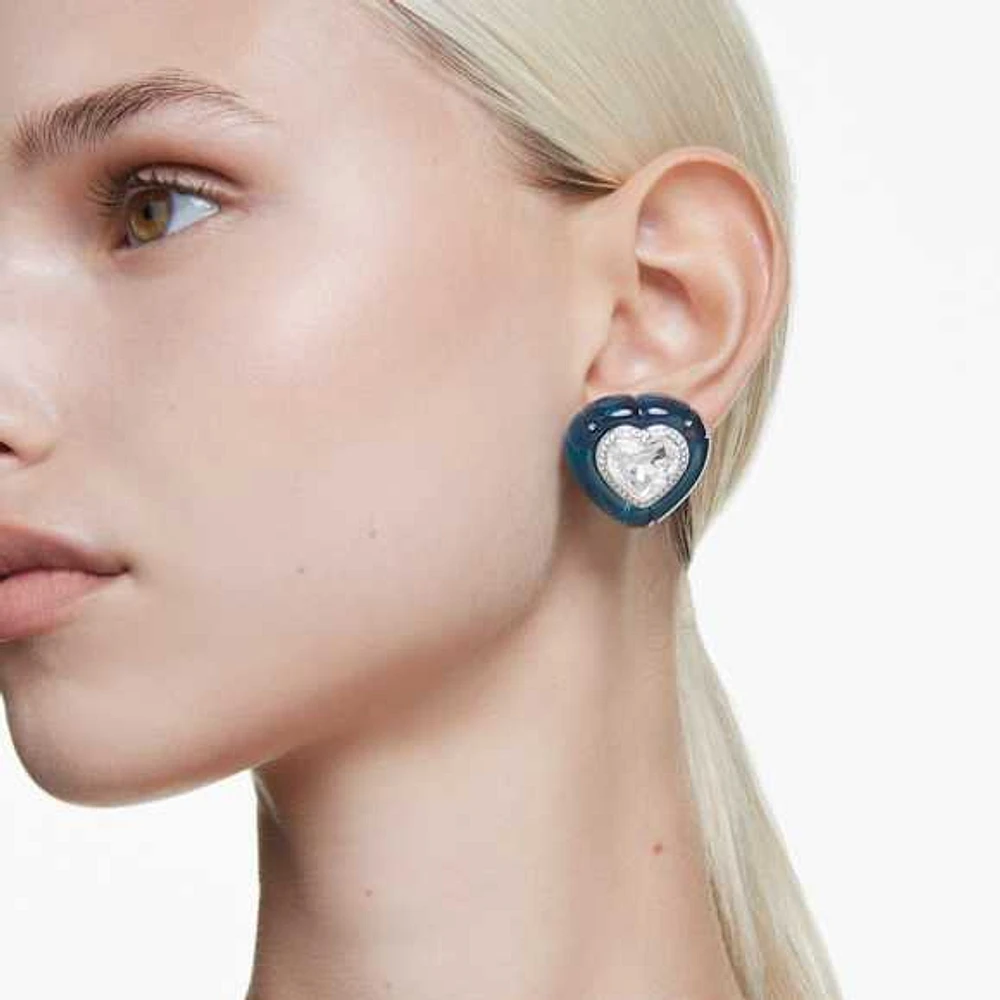 Dulcis clip earrings, Heart cut, Pavé, Heart, Blue, Rhodium plated by SWAROVSKI