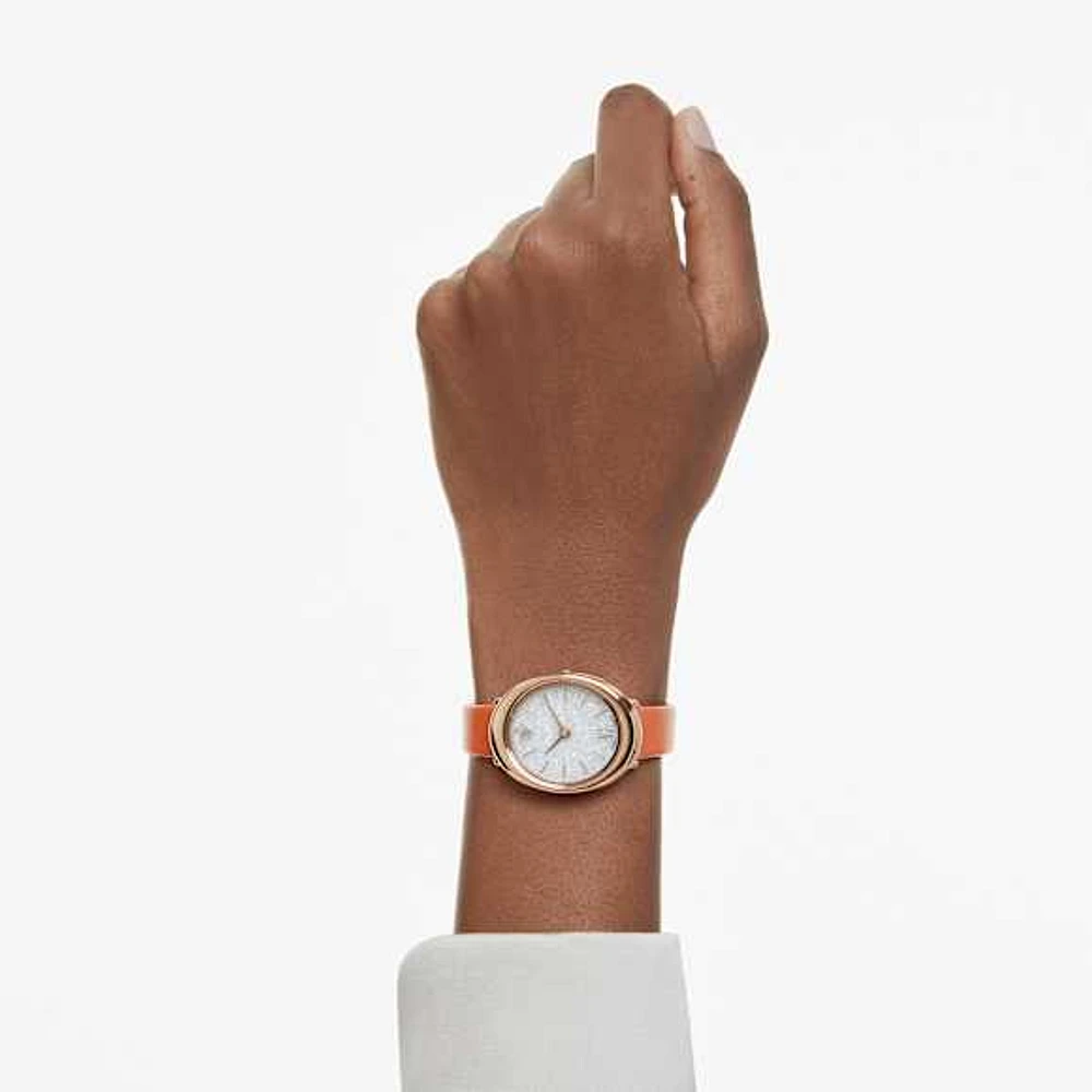 Imber watch, Swiss Made, Leather strap, Orange, Rose gold-tone finish by SWAROVSKI