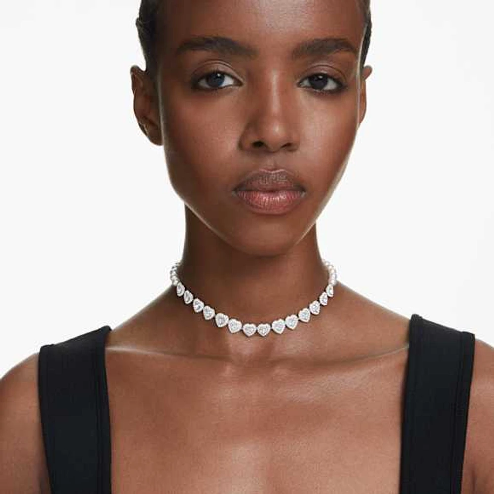 Ariana Grande x Swarovski Tennis choker, Mixed cuts, Crystal pearl, Heart, White, Rhodium plated by SWAROVSKI