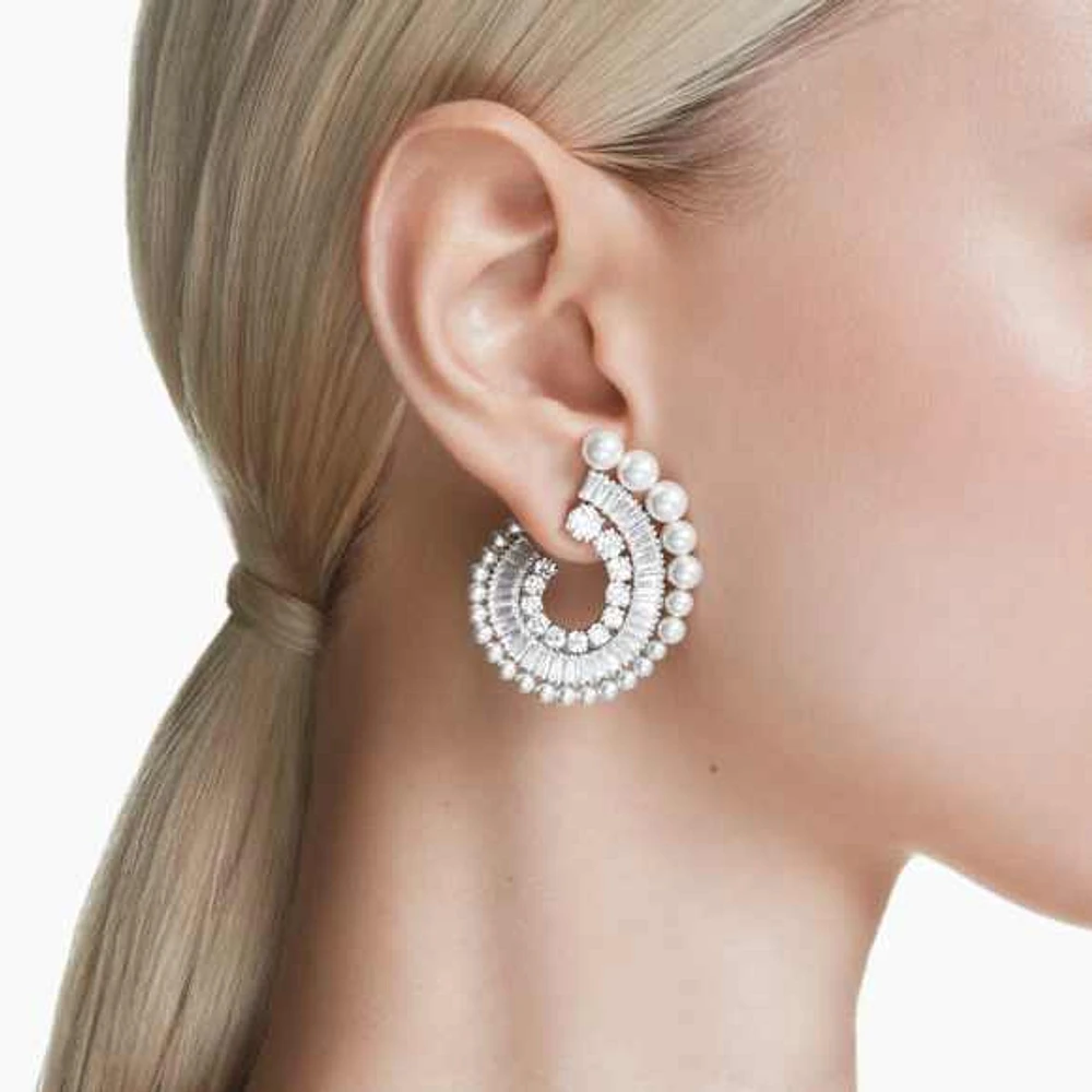 Ariana Grande x Swarovski drop earrings, Crystal pearl, Mixed cuts, White, Rhodium plated by SWAROVSKI
