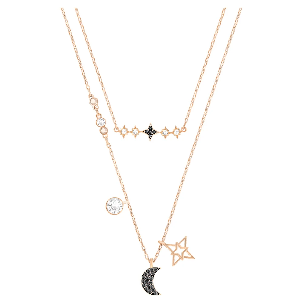 Symbolica necklace, Set (2), Moon and star, Black, Rose gold-tone plated by SWAROVSKI