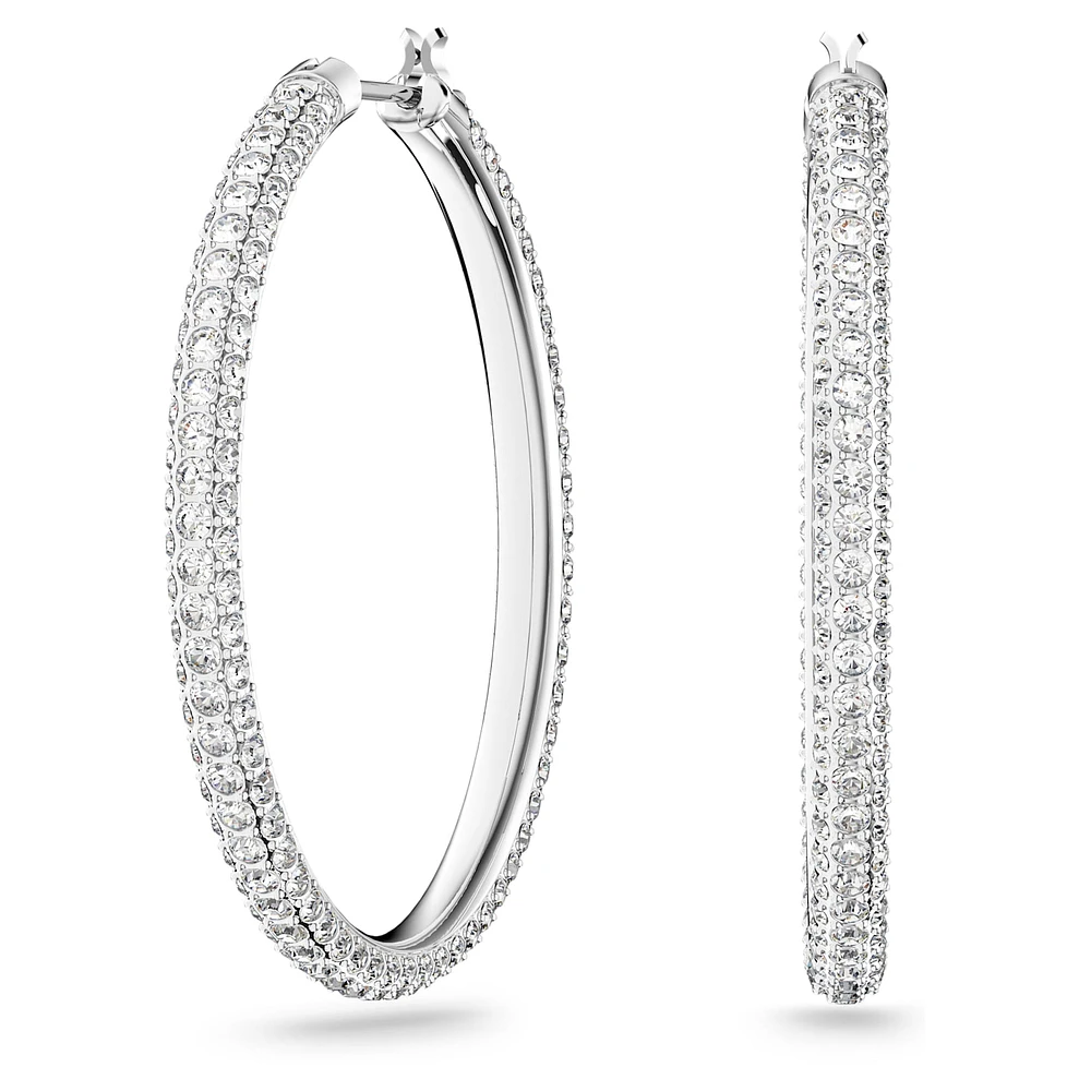 Stone hoop earrings, Pavé, Large, White, Rhodium plated by SWAROVSKI