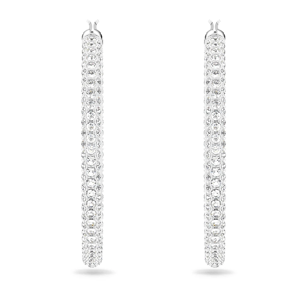 Stone hoop earrings, Pavé, Large, White, Rhodium plated by SWAROVSKI