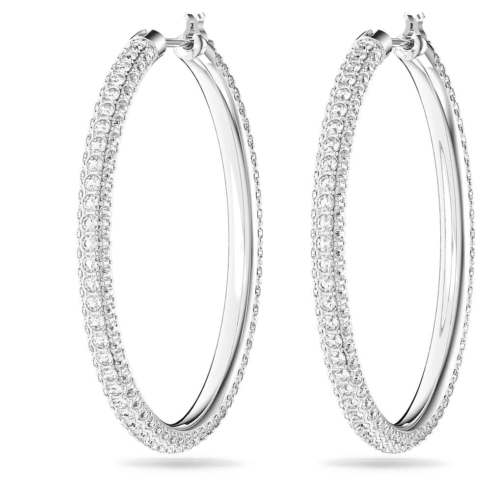 Stone hoop earrings, Pavé, Large, White, Rhodium plated by SWAROVSKI