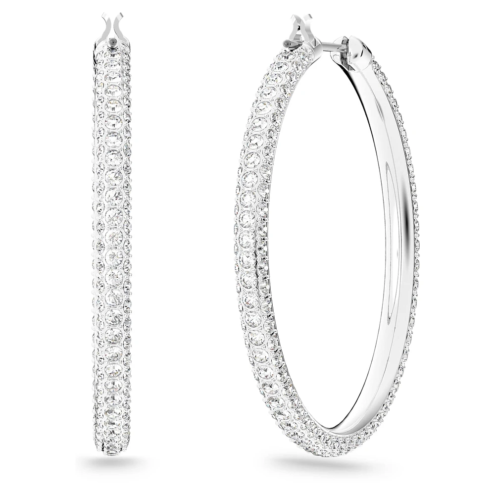 Stone hoop earrings, Pavé, Large, White, Rhodium plated by SWAROVSKI
