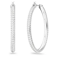Stone hoop earrings, Pavé, Large, White, Rhodium plated by SWAROVSKI