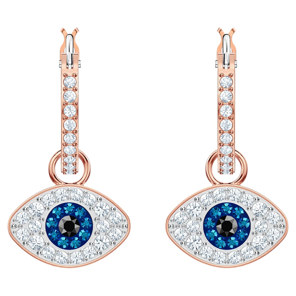 Symbolica hoop earrings, Evil eye, Blue, Rose gold-tone plated by SWAROVSKI