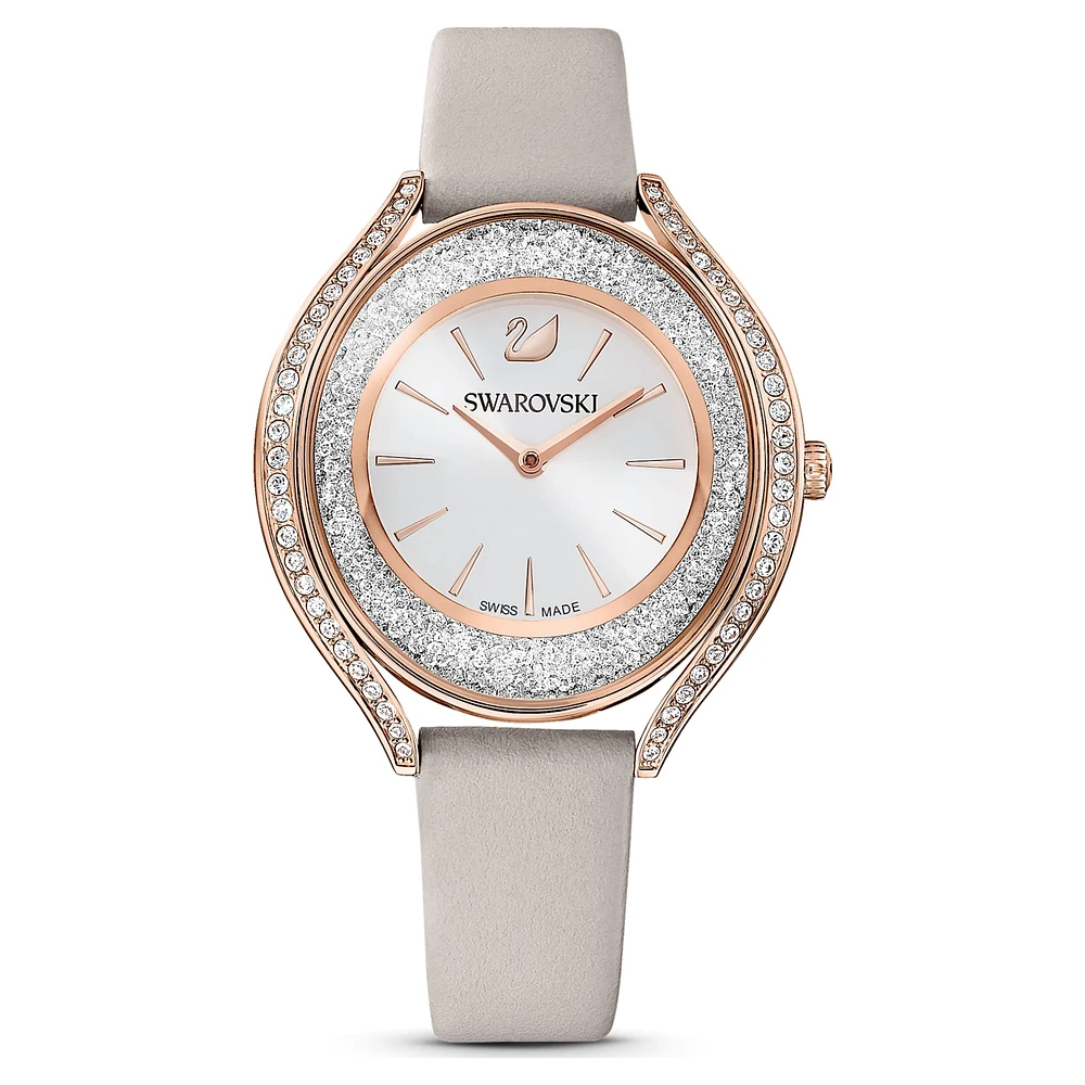 Crystalline aura watch, Swiss Made, Leather strap, Grey, Rose gold-tone finish by SWAROVSKI