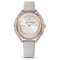 Crystalline Aura watch, Swiss Made, Leather strap, Grey, Rose gold-tone finish by SWAROVSKI