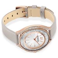 Crystalline Aura watch, Swiss Made, Leather strap, Grey, Rose gold-tone finish by SWAROVSKI