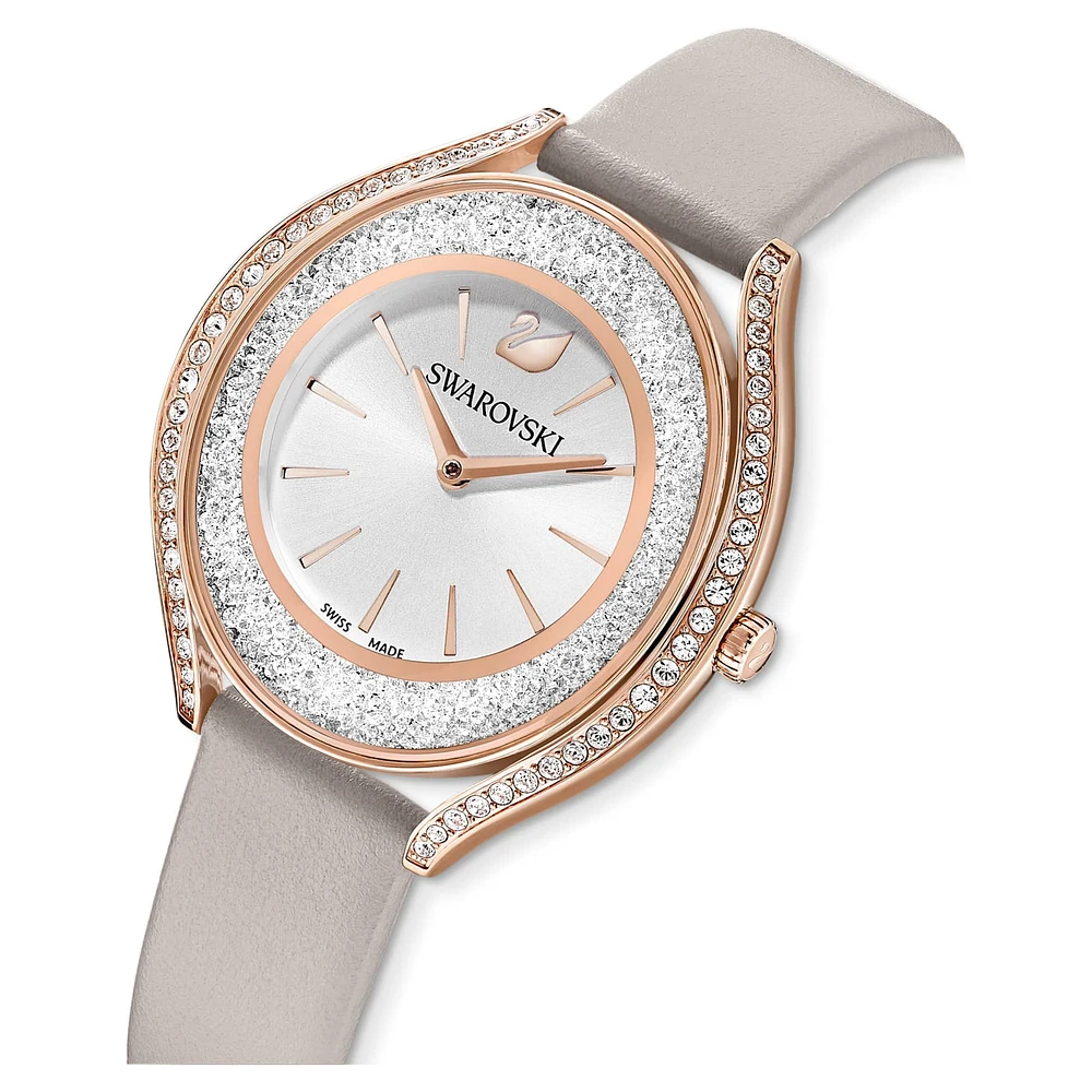 Crystalline aura watch, Swiss Made, Leather strap, Grey, Rose gold-tone finish by SWAROVSKI