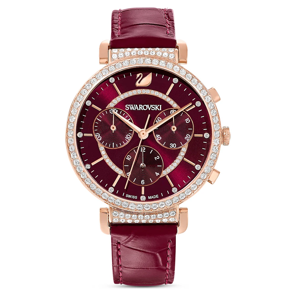 Passage Chrono watch, Swiss Made, Leather strap, Red, Rose gold-tone finish by SWAROVSKI