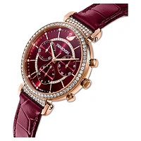 Passage Chrono watch, Swiss Made, Leather strap, Red, Rose gold-tone finish by SWAROVSKI