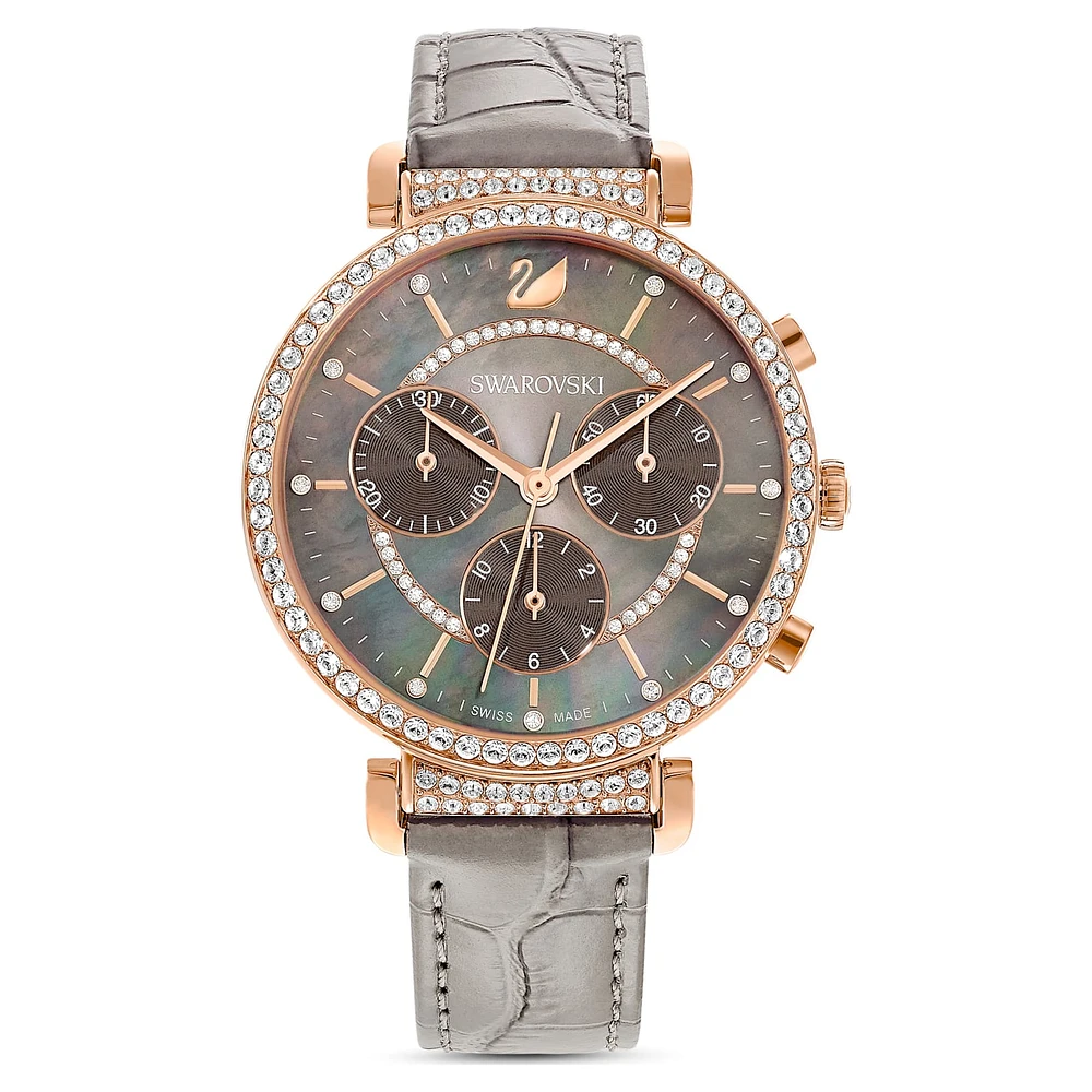 Passage Chrono watch, Swiss Made, Leather strap, Grey, Rose gold-tone finish by SWAROVSKI