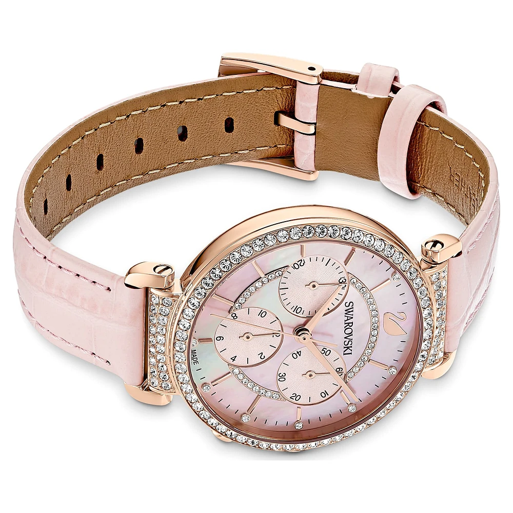 Passage Chrono watch, Swiss Made, Leather strap, Pink, Rose gold-tone finish by SWAROVSKI