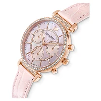 Passage Chrono watch, Swiss Made, Leather strap, Pink, Rose gold-tone finish by SWAROVSKI