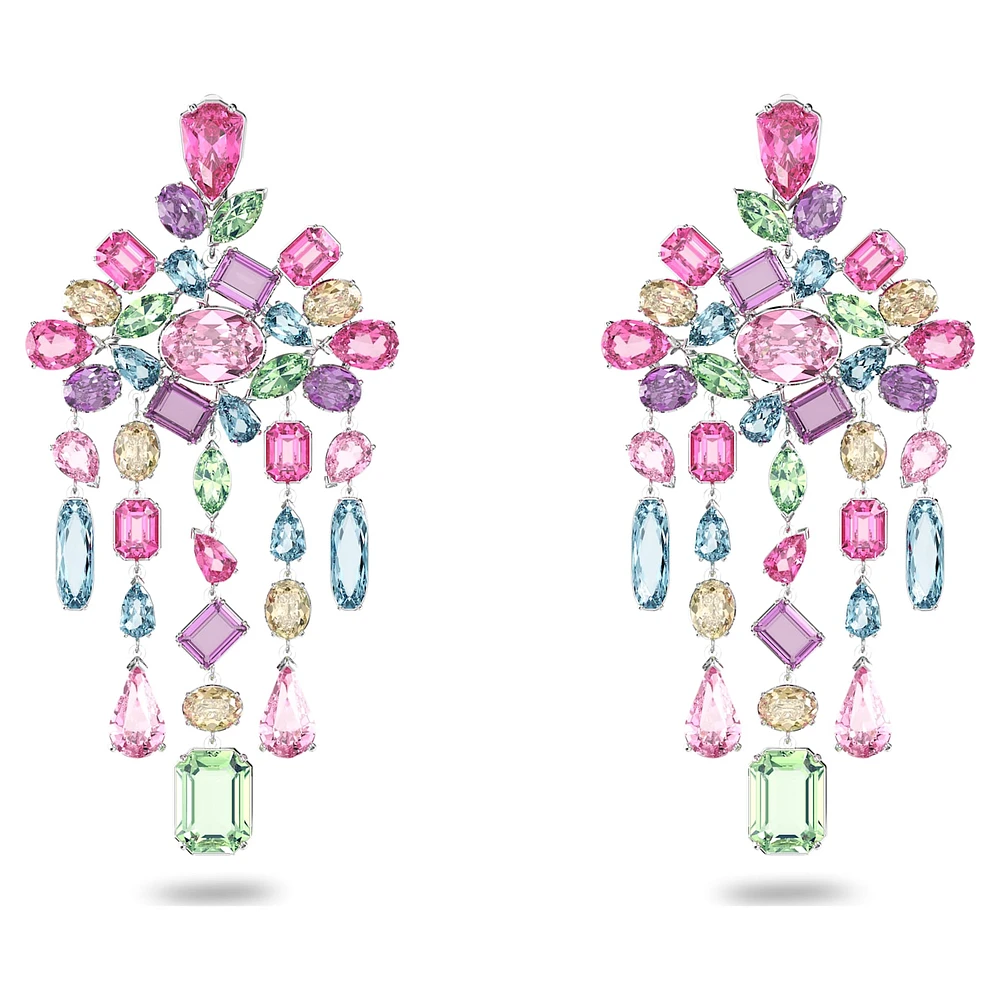 Gema clip earrings, Mixed cuts, Chandelier, Extra long, Multicoloured, Rhodium plated by SWAROVSKI