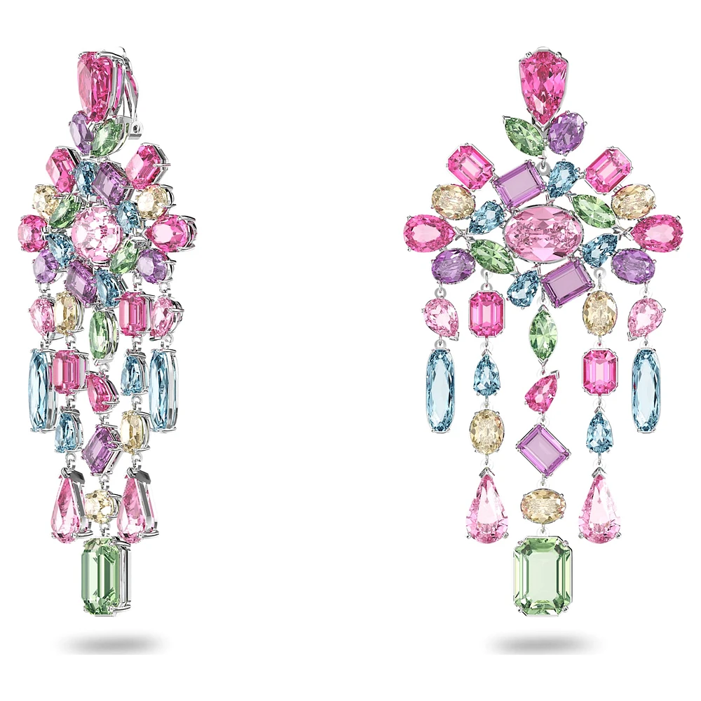 Gema clip earrings, Mixed cuts, Chandelier, Extra long, Multicoloured, Rhodium plated by SWAROVSKI