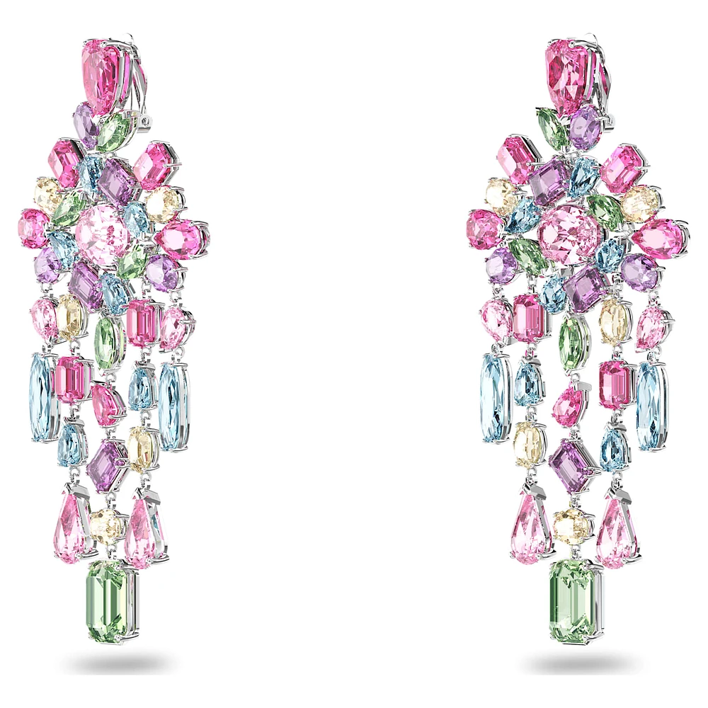 Gema clip earrings, Mixed cuts, Chandelier, Extra long, Multicoloured, Rhodium plated by SWAROVSKI