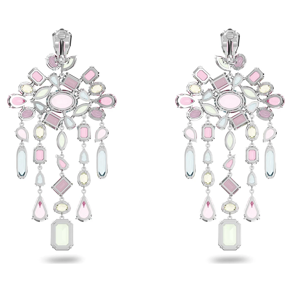 Gema clip earrings, Mixed cuts, Chandelier, Extra long, Multicoloured, Rhodium plated by SWAROVSKI