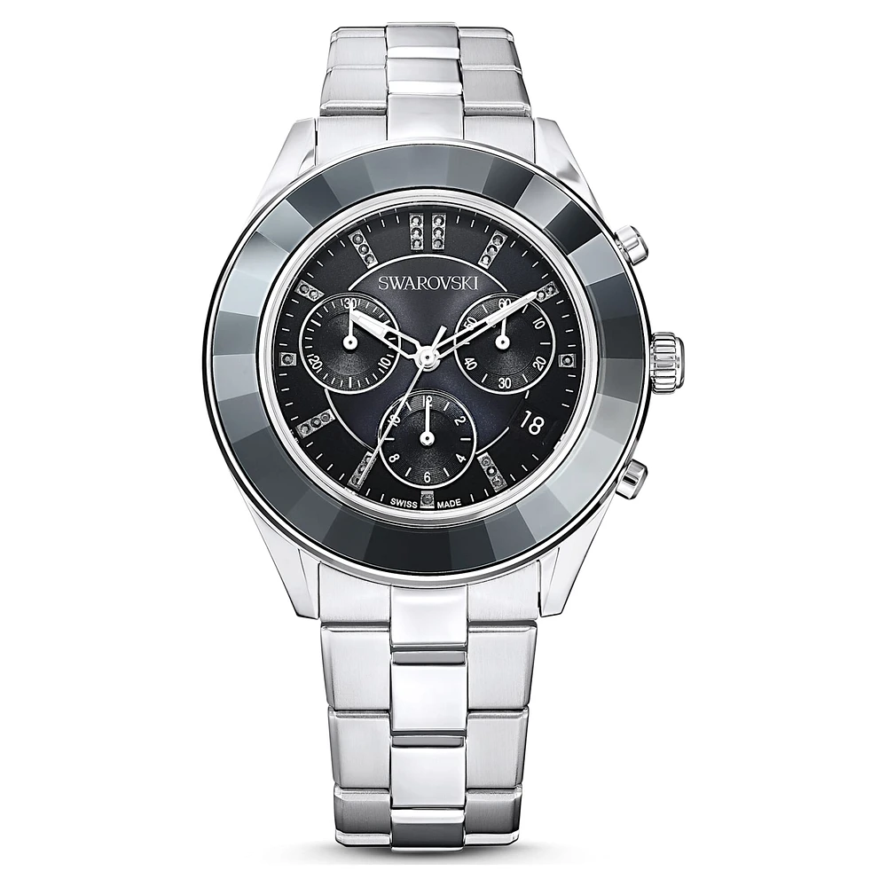Octea lux sport watch, Swiss Made, Metal bracelet, Black, Stainless steel by SWAROVSKI