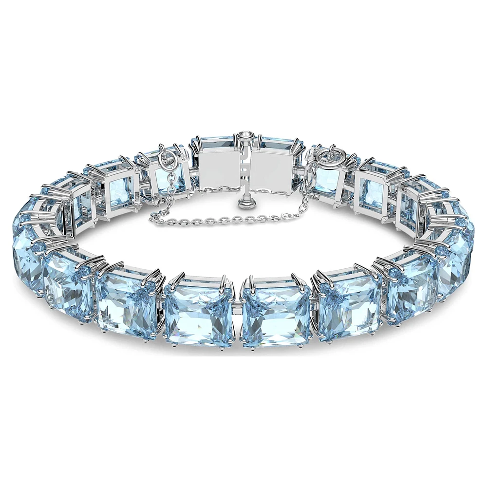Millenia Tennis bracelet, Square cut, Medium, Blue, Rhodium plated by SWAROVSKI