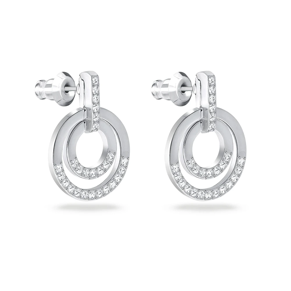 Circle hoop earrings, Round shape, White, Rhodium plated by SWAROVSKI